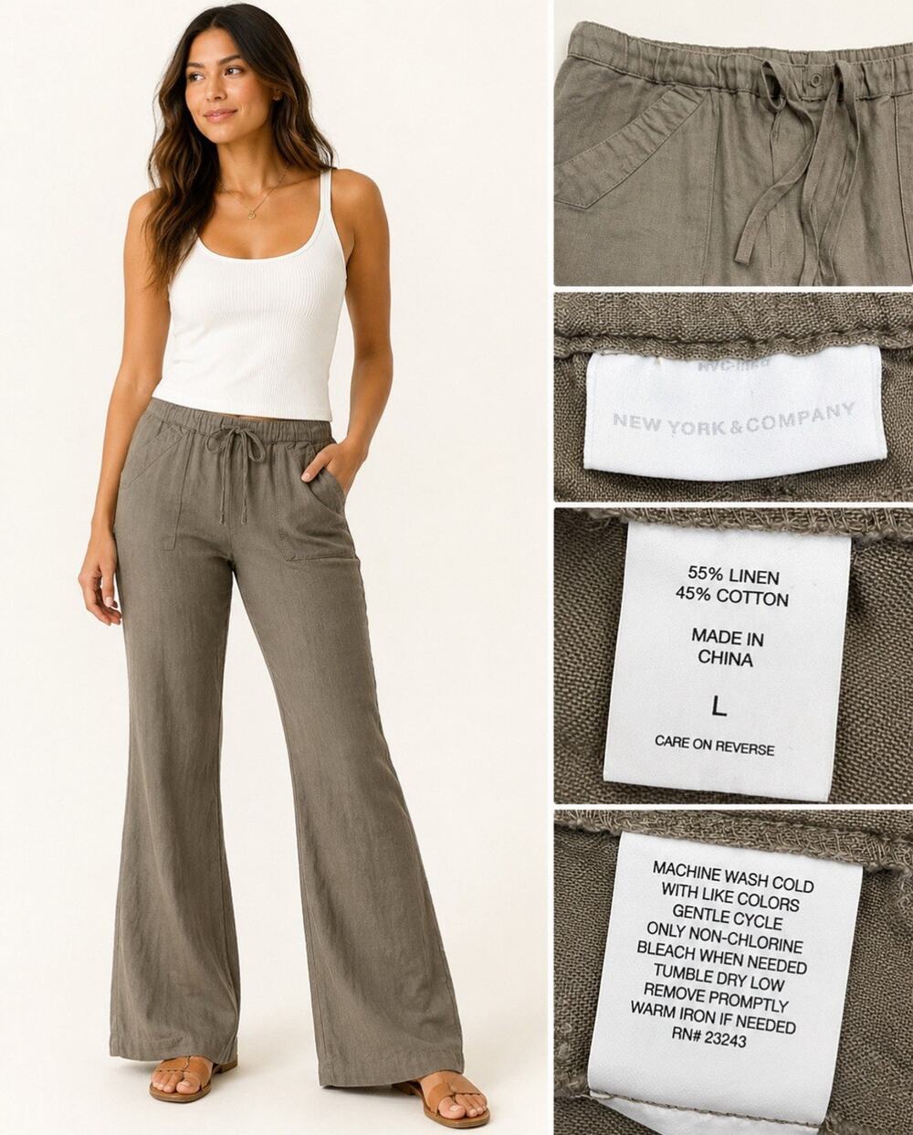 Coastal Boho New York & Company Women's Wide Leg Linen Pants Size L Olive